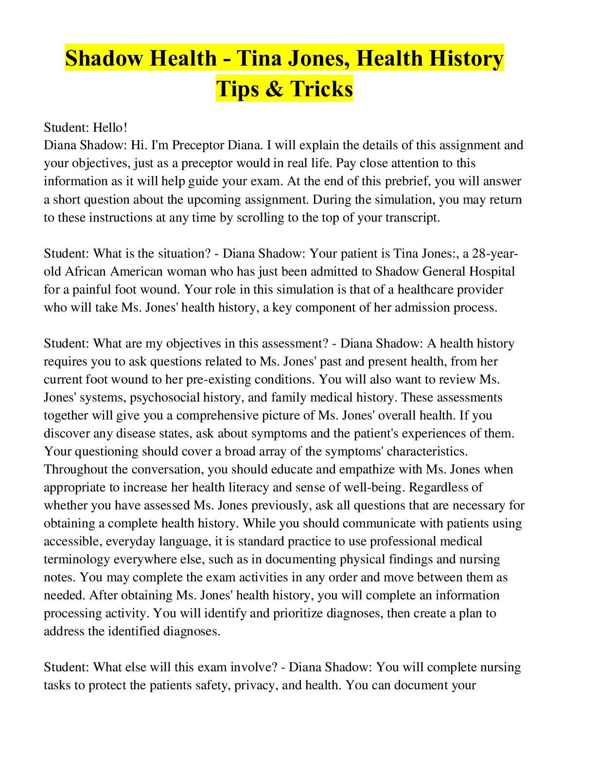 Preview image for Shadow Health - Tina Jones, Health History Tips & Tricks